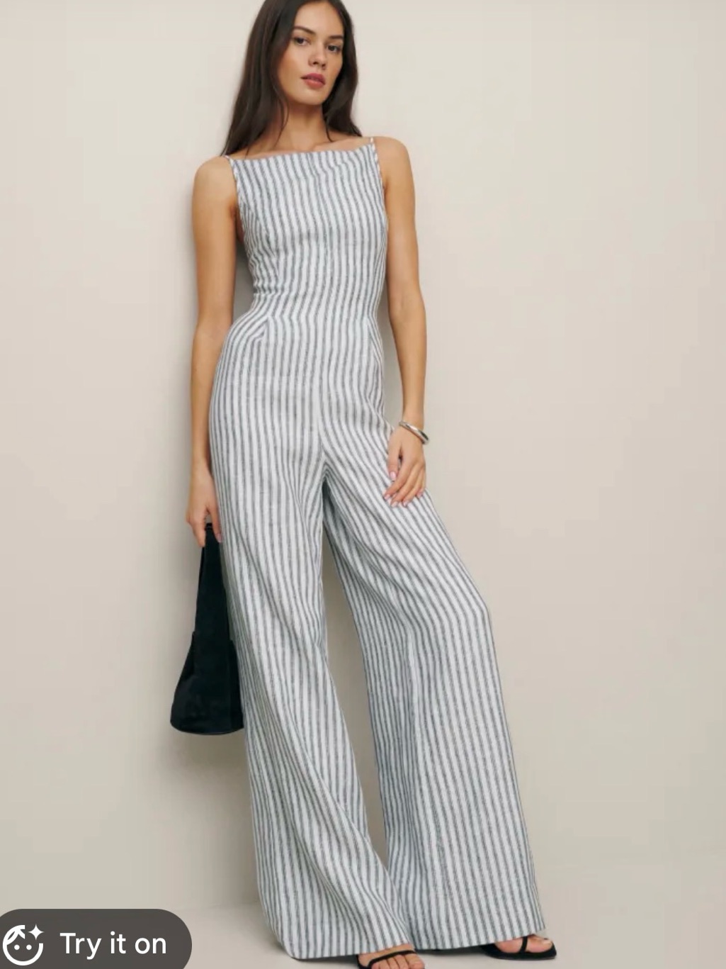 Reformation Striped Square-Neck Wide-Leg Jumpsuit White & Gray